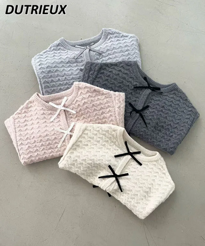 

New Autumn and Winter Sweet Cute Girls Bow-neck Single-breasted Cardigan Sweater Solid-color Versatile Short Knitted Coat