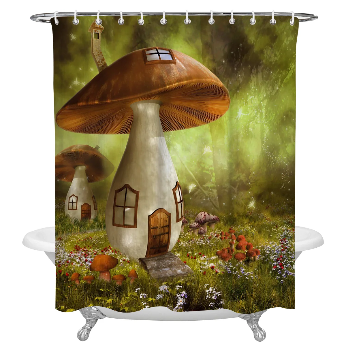 Mushroom Cartoon Scary Meadow Forest Night Plant Waterproof Shower Curtain With Hook Bathroom Decoration Accessories Curtains