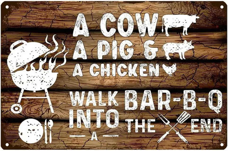 BBQ Sign A Cow A Pig A Chicken Sign Walk BBQ Into a The End Vintage Metal Tin Sign Grill Wall Decor Retro Metal Tin Signs for Fa