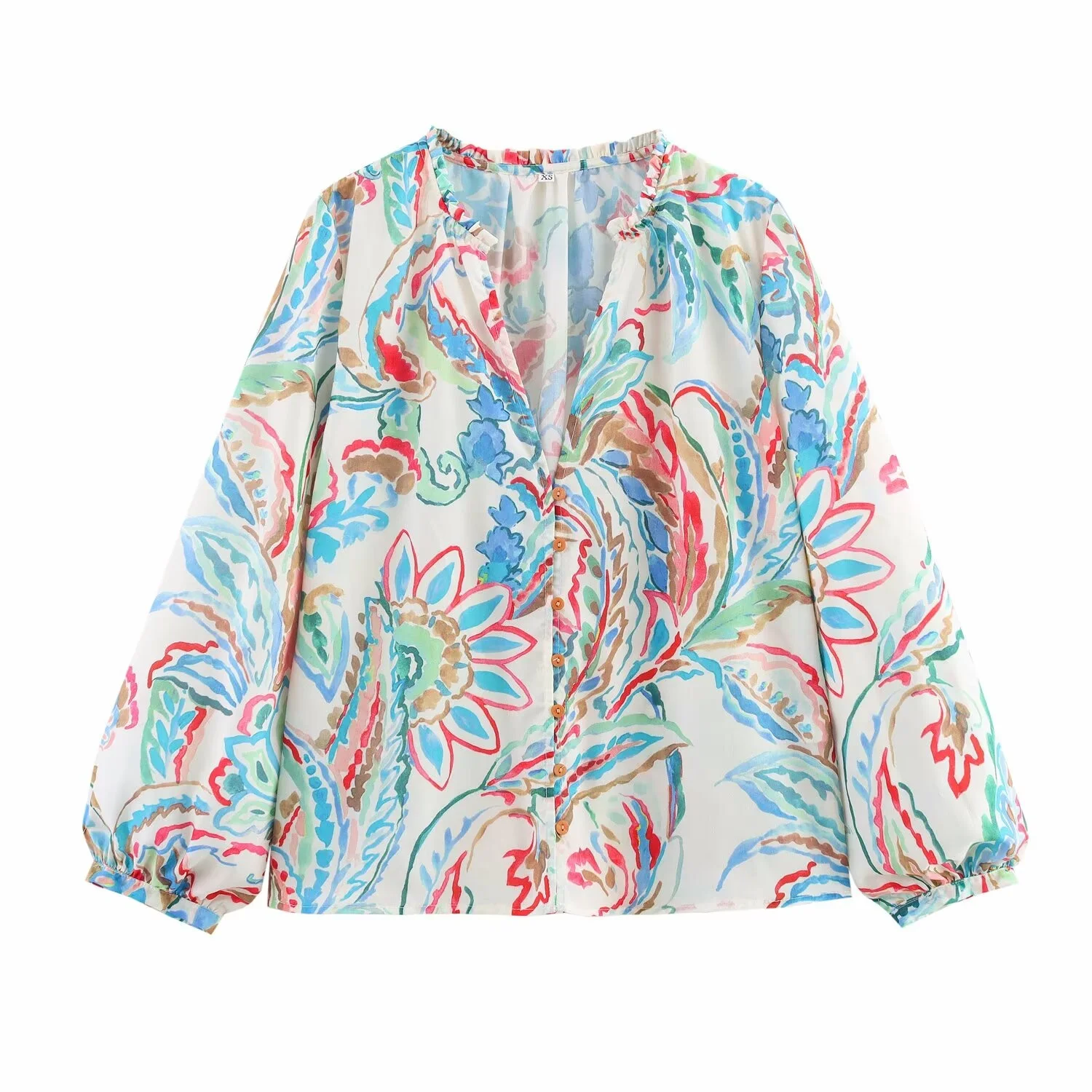 

Новая летняя женская модная блузка с принтом, шелковыми длинными рукавами, отложным воротником, V-образным вырезом, средней длины, из смесового полиэстера, стандартный крой