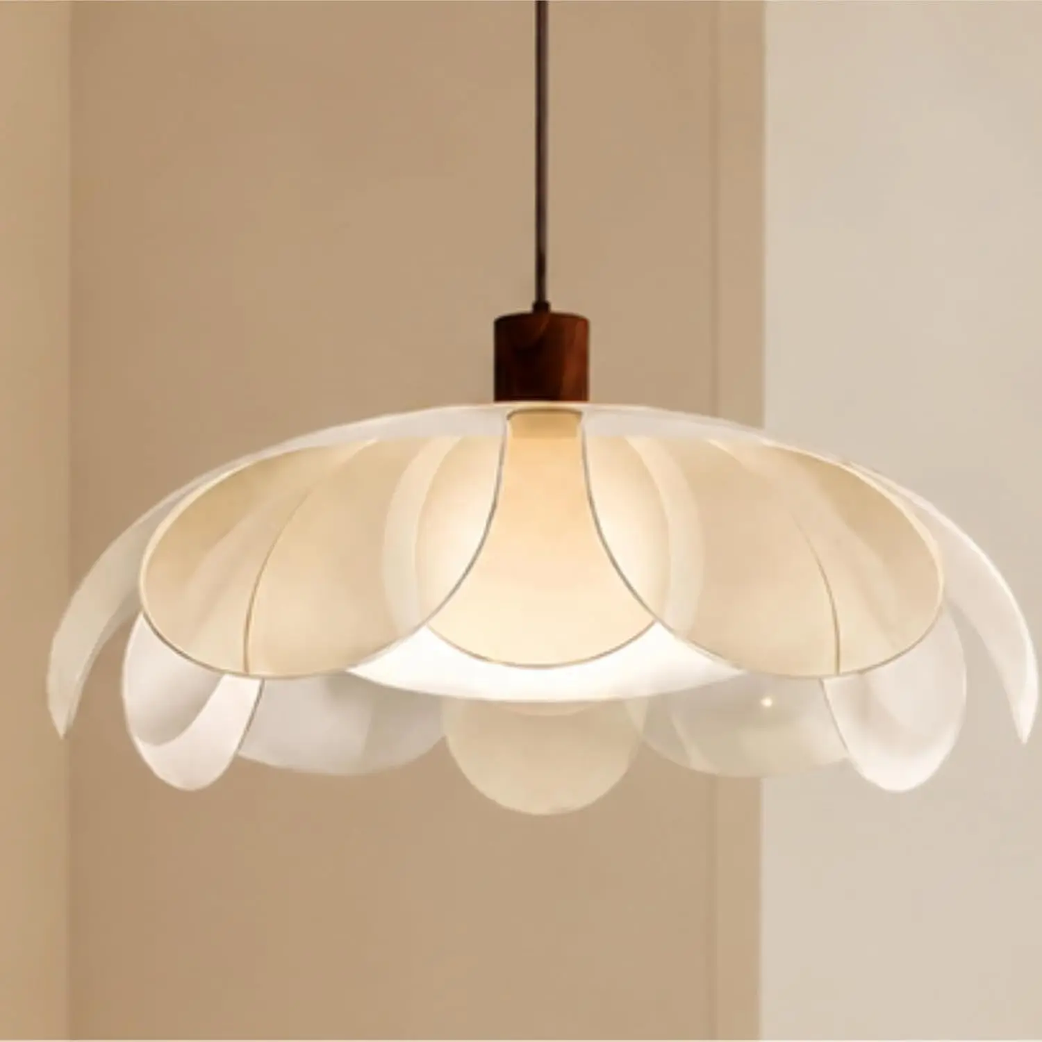 French Floral Pastoral Chandelier Walnut Iron Pendant Lamp Multi-Layer Petal Acrylic Shade Hanging for Dining Room Bedroom