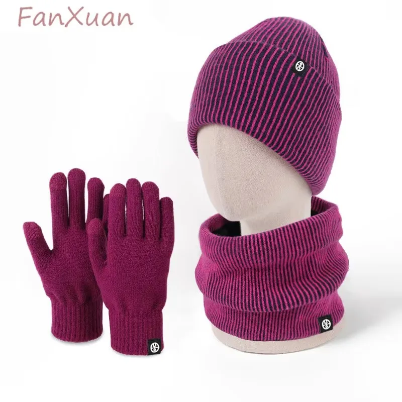 النساء الرجال 3 قطعة القبعات الشتوية مجموعة قفازات سنود بسيطة بلون بيني النساء رجل الشتاء قبعات مجموعة الأغطية Skullies سميكة الدافئة #4
