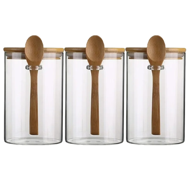 ABFY-Round Glass Sealed Jars With Spoons Round Glass Jars With Lids Kitchen Grain Storage Jars