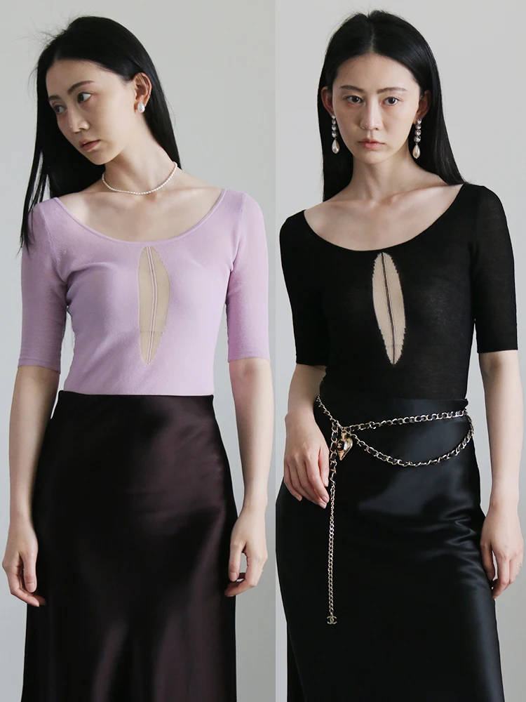 

Morrieyuan Recommended Ultra-Thin Ice Silk Knitted Five-Quarter Sve Top Hollow Design Premium Gas T-irt