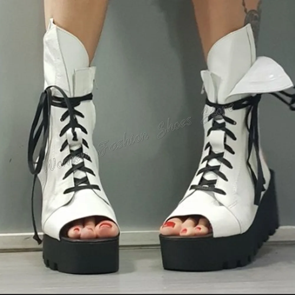 

White Peep Toe Lace up Boots Wave Bottom Wedges Heel Matte Leather High Heel Shoes for Women Heels 2024 New Zapatos Para Mujere