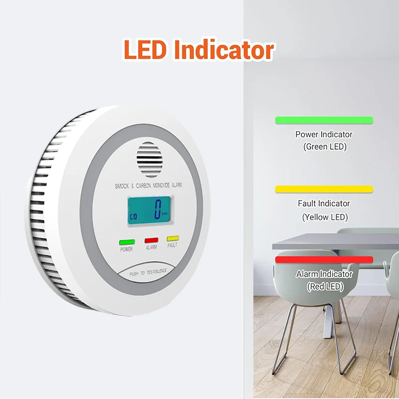 Rauch- und Kohlenmonoxidmelder, 2-in-1-Rauch-CO-Detektor, AA-Batterien, angetriebenes LCD-Display, Hush-Taste, Ton- und Lichtalarm, CE