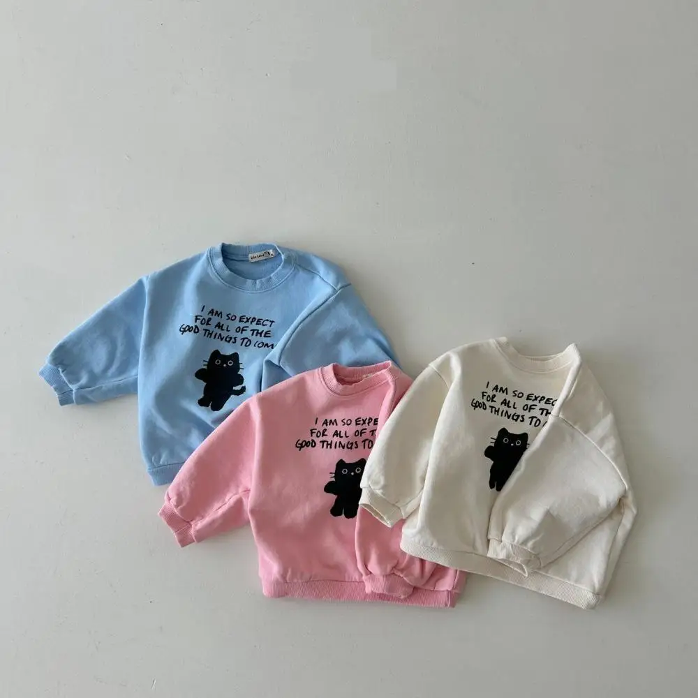 2025 Autumn Cute Cartoon Print Boys Girls Loose Pullover Children Cute Cat Tops New Baby Long Sleeve Casual Sweatshirt