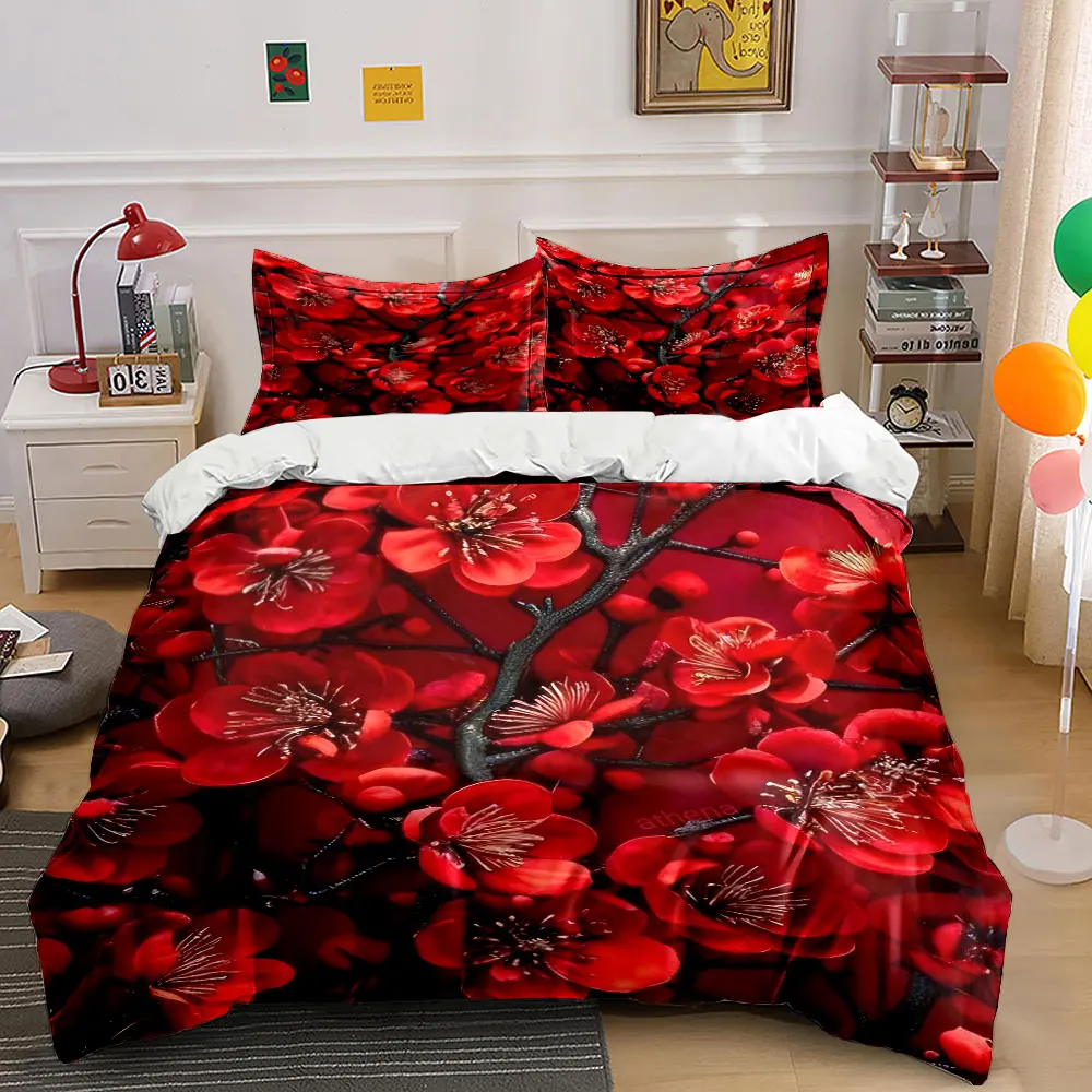 Vibrant red plum blossoms in bloom Duvet Cover Set with 3D Printing Design Soft Polyester Bedding Set All-Season Comfort