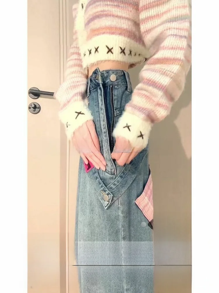 

Большие размеры, широкие джинсы с боковой молнией, женские осенне-зимние свободные драпированные прямые брюки, американские брюки с низкой талией