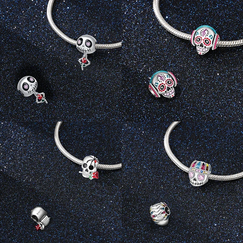 Abalorios de plata 925 con forma de calavera y fantasma para mujer, cuentas de colores compatibles con pulseras originales DIY, colgantes, regalos de fiesta, joyería fina