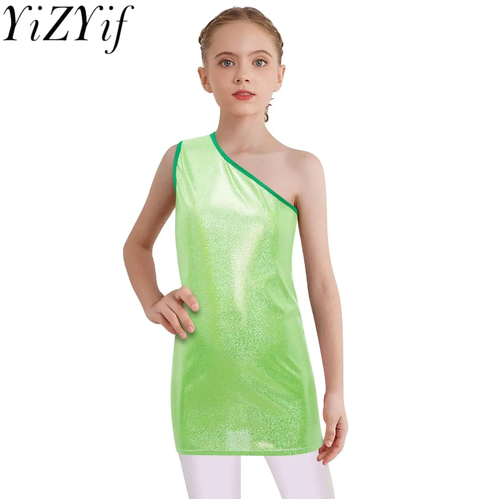 

#100-180 Kids Girls Fashion One Shoulder Sleeveless Metallic Mini Dots Dress Jazz Dance Cheerleading Stage Performance Costume