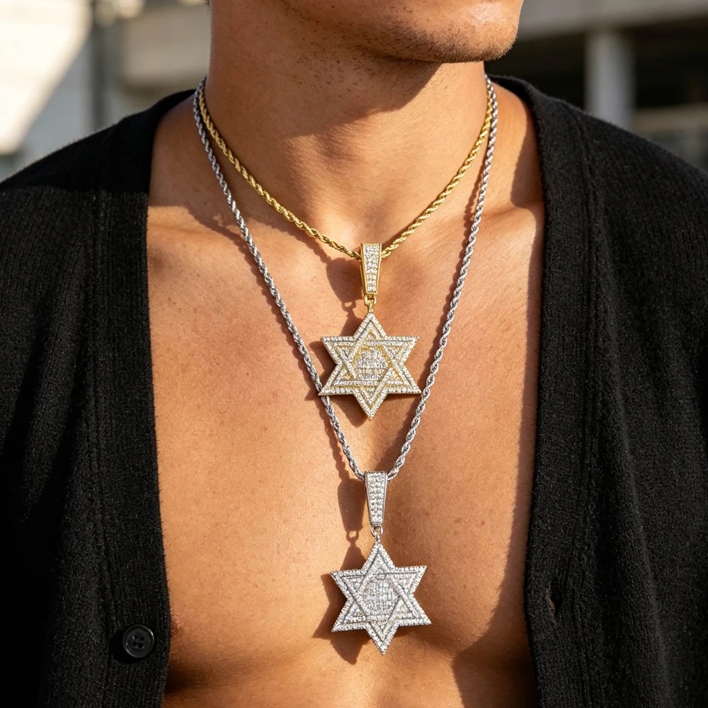 2026NEW Hip Hop Fashionable Men's Necklace Pendant Bling Iced Out Star of David Micro Paved Cubic Zirconia Jewelry Trend Jewelry