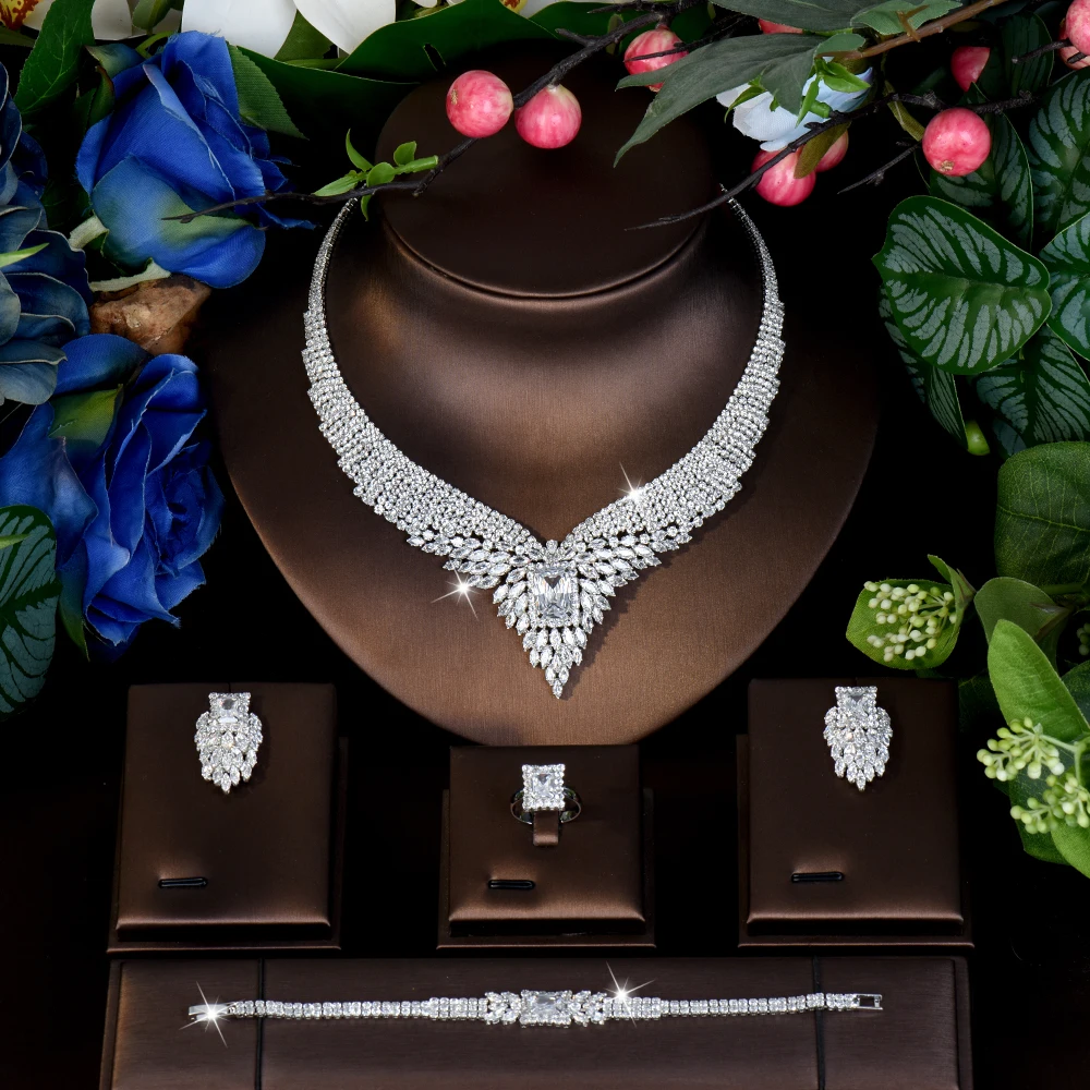 HIBRIDE Vintage Fashion Stereo Necklace Earrings 4 Piece Women's Dress Jewelry Set Suitable For Dubai Wedding Ball Gift S-983