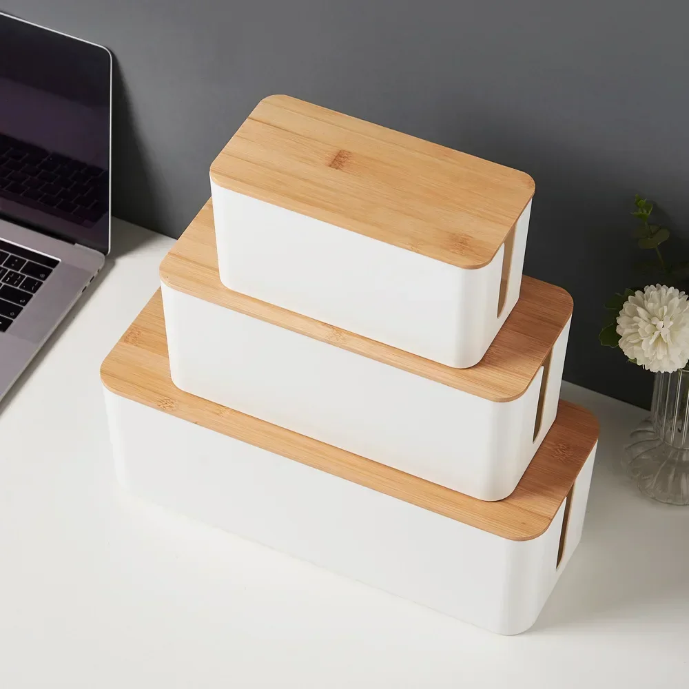 Creative Simple Wire Box Bamboo Wood Cover Cable Management Box Plug Board Storage Box Power Cord Charger Storage Box