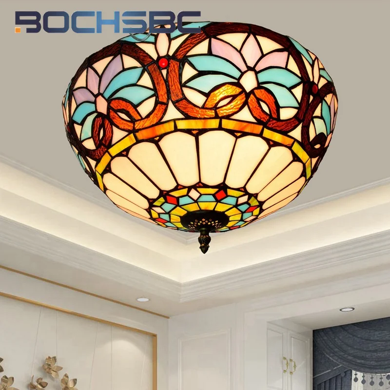 BOCHSBC Tiffany style stained glass Mediterranean Heart 16inch ceiling light for dining room bedroom aisle hallway balcony decor