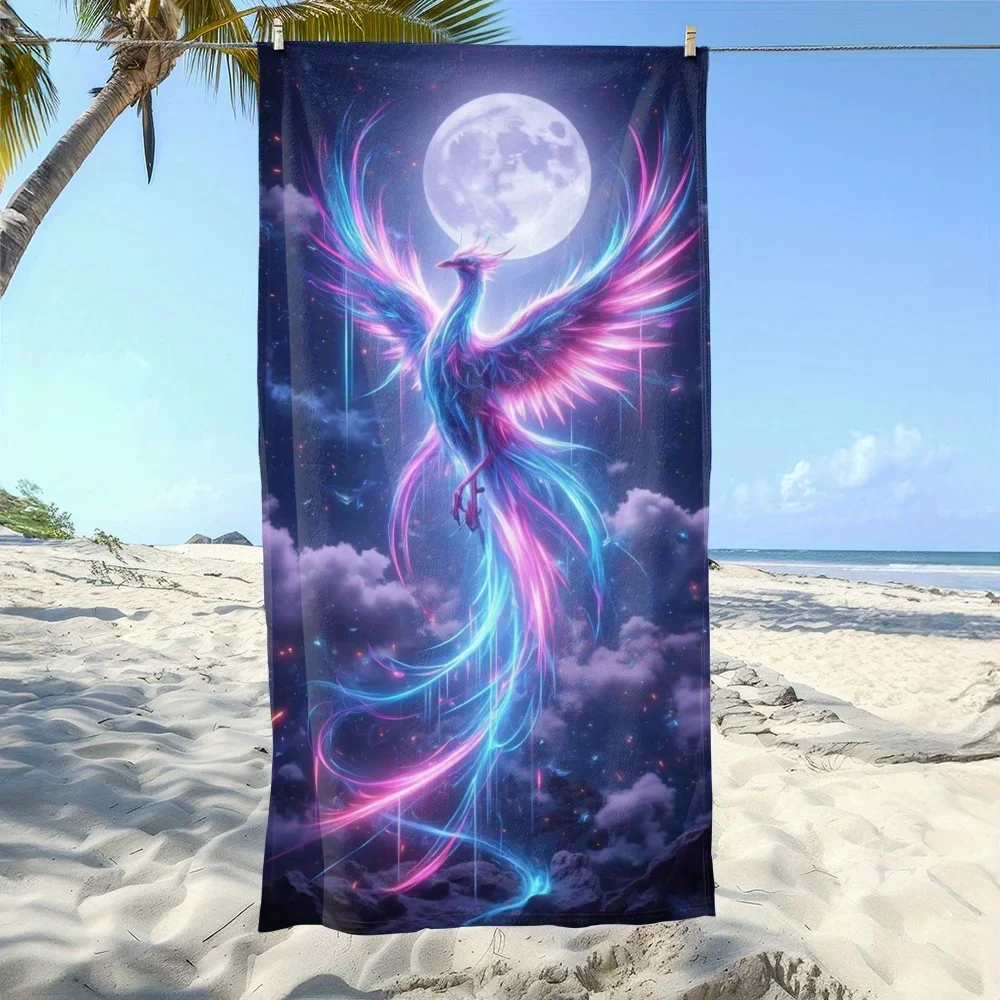 1pc Neon Phoenix Beach Towel Fantasy Bird Print Cosmic Moon Design Quick Dry Soft Microfiber Bath Towel For Women Spiritual Gift