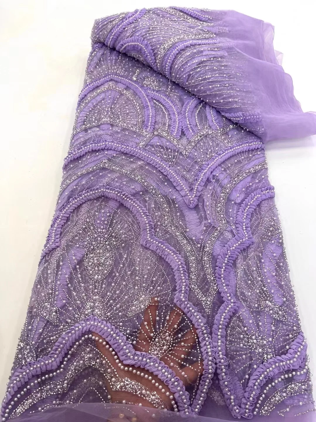 Tessuto a rete di pizzo con perline africane, materiale da sposa nigeriano, tessuto di perline di paillettes di lusso per cucire, alta qualità, 5 metri, 2025, LY662