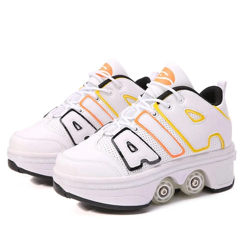 Four-Wheel Deformation Roller Skates Shoes Double-Row Parkour Sports Roller Shoes Men Women Roller Skates Unisex Kids Sneakers