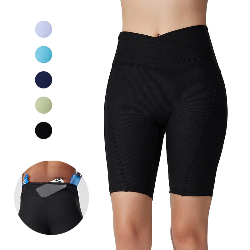 

(S-XL)Женские компрессионные шорты для йоги с высокой талией, быстросохнущие колготки с сетчатой спинкой, штаны для бега и фитнеса с несколькими карманами, 80% нейлона