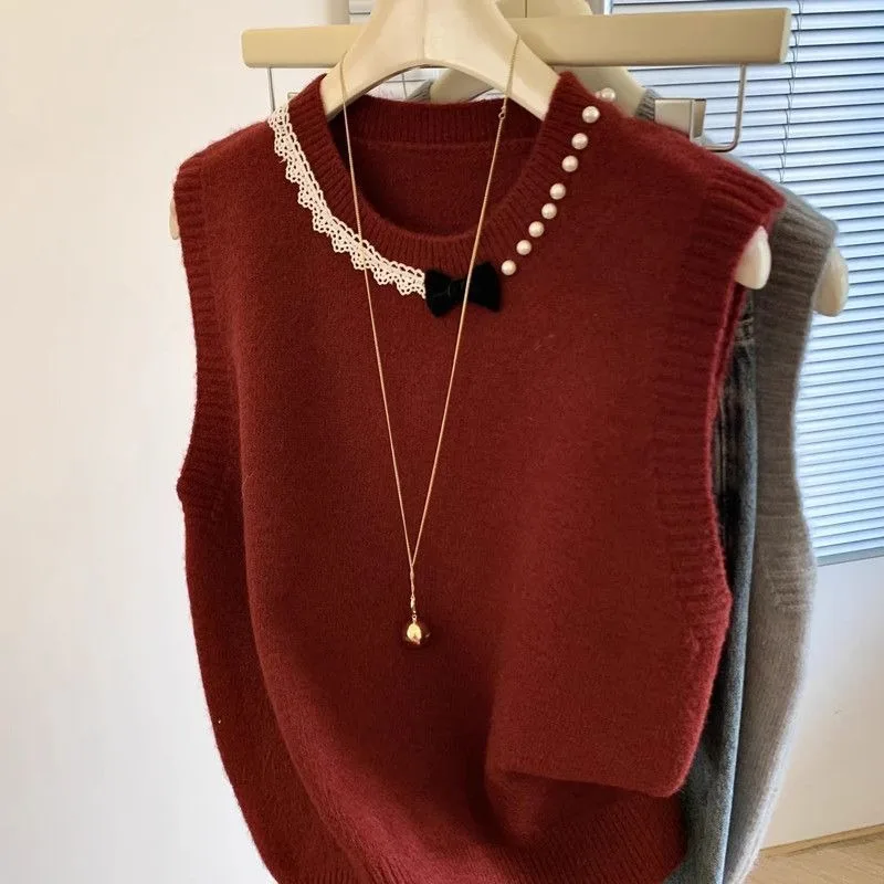Heavy Industry Perlen Schleife Knoten Strickweste Damen Neue Spleißen Layered Pullover Weste Top