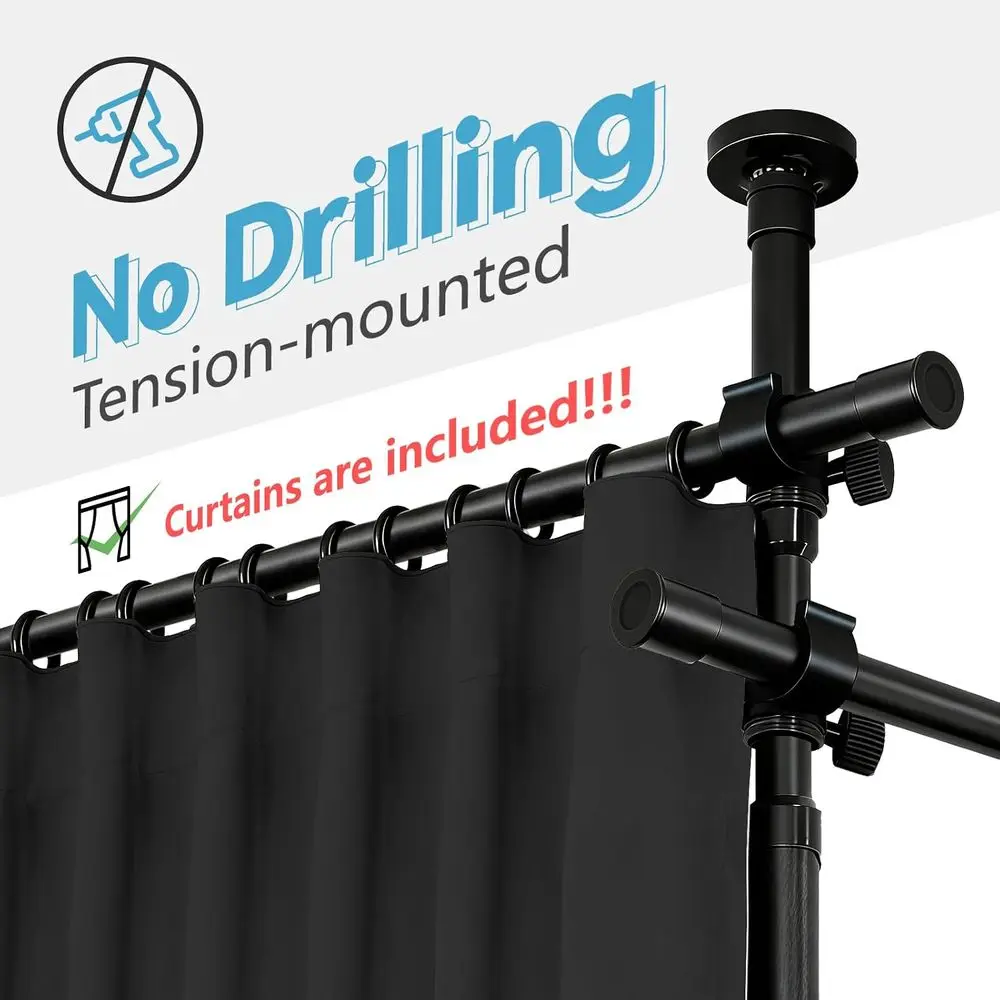 Adjustable 2-Panel Black Curtain Set with 106 Width and 84 Length, Accompanied by 72-200 W x 43-120 H Pole Brackets