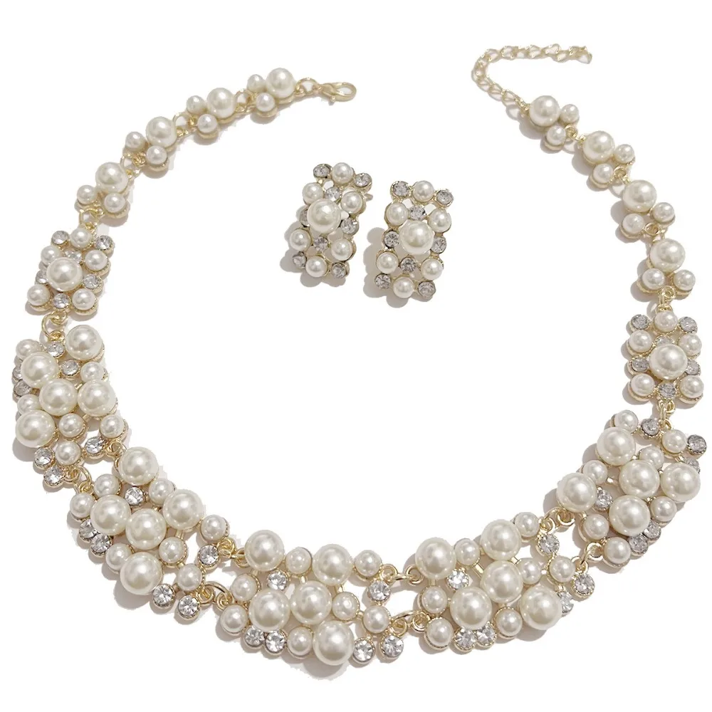 Two-Piece Light Luxury Necklace Set Accessory Vintage Rhinestone Choker Rectangular Earrings Pearl Jewelry Sets Wedding