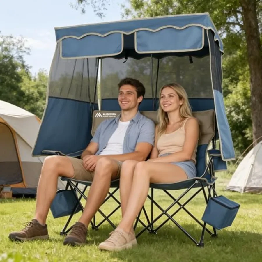 Camping Chair With Canopy, Padded Double Seat Folding Design For Outdoor Use, Steel Frame Black Color, Supports Up To 450 Lbs