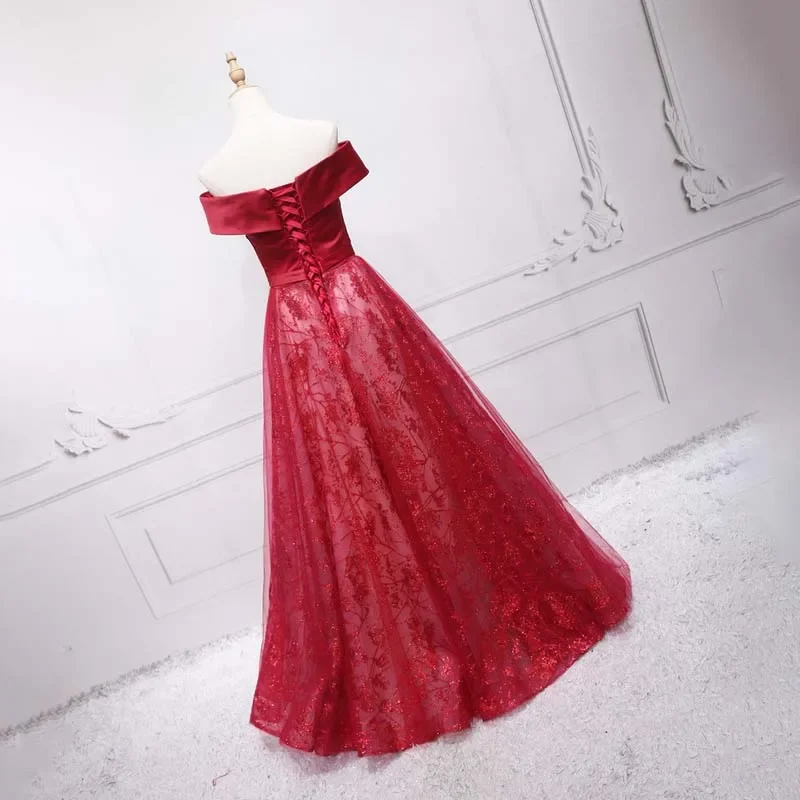 Abito da sera personalizzato Raso rosso tulle con spalle scoperte Lace Up pavimento-lunghezza A-Line Plus size Abito formale da donna B2013