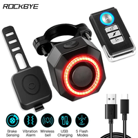 Rockbye Bicycle Alarm USB Charging Remote Control Anti-theft Tail Light 110dB Smart Auto Motorcycle Brake Sensor Tail Light