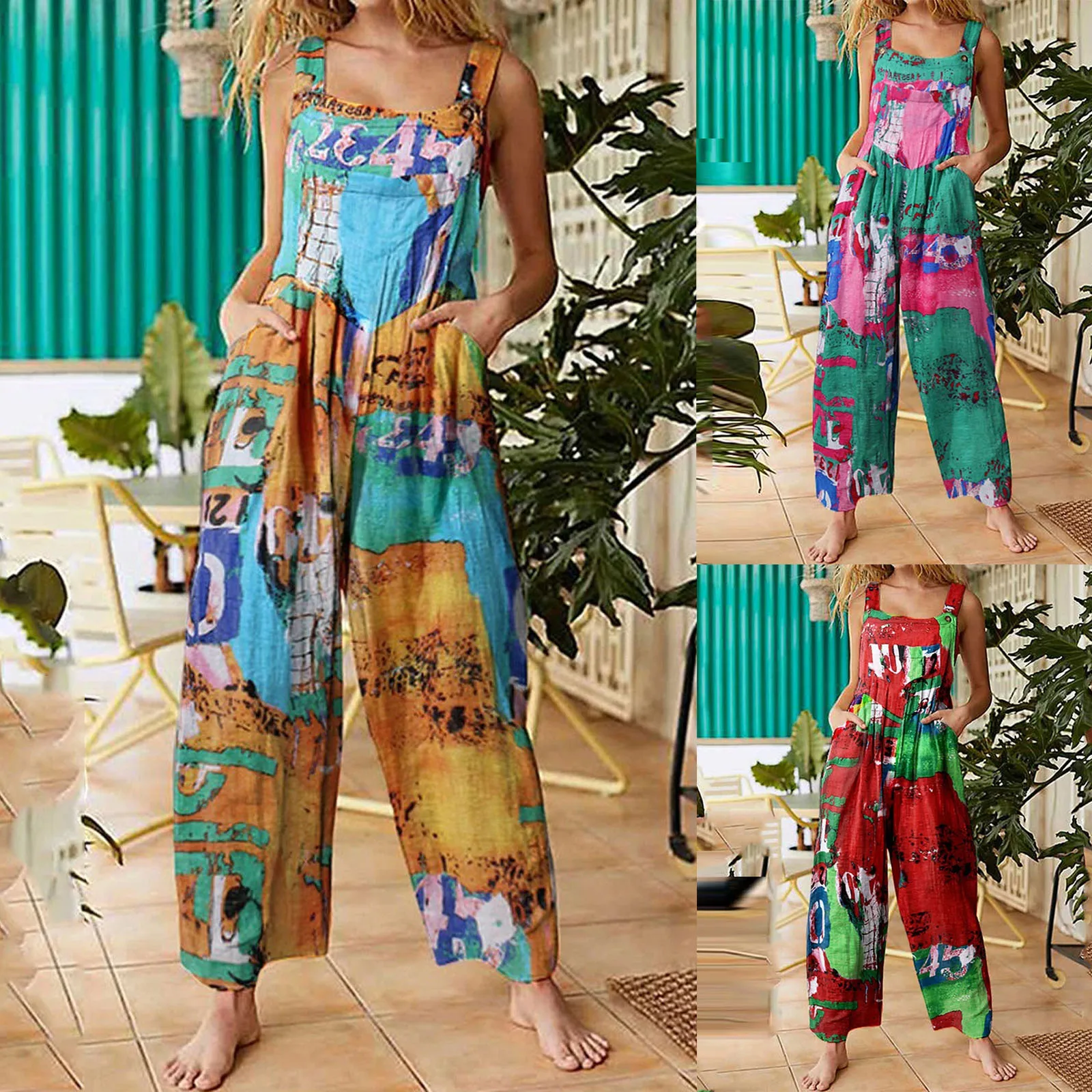 

Women's Summer Jumpsuit Overalls Suspender Trousers with Pockets Female Loose Retro Floral Print Sleeveless Jumpsuits