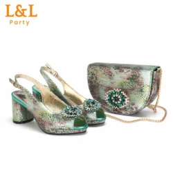 Green Color Hot Selling Mature Style Snake Pattern Design Ladies Evening Sandal with Bag Set For Women Party