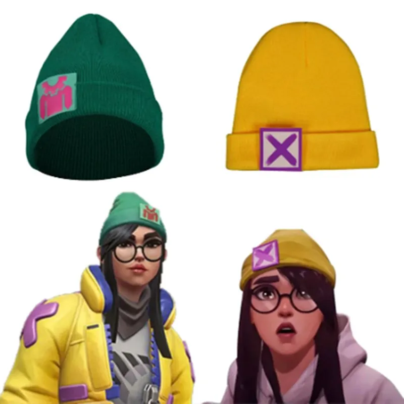 Valorant-gorro de punto suave para mujer y niña, gorros de punto cálidos de color verde y amarillo para disfraz de Halloween, regalo, Cosplay, Killjoy