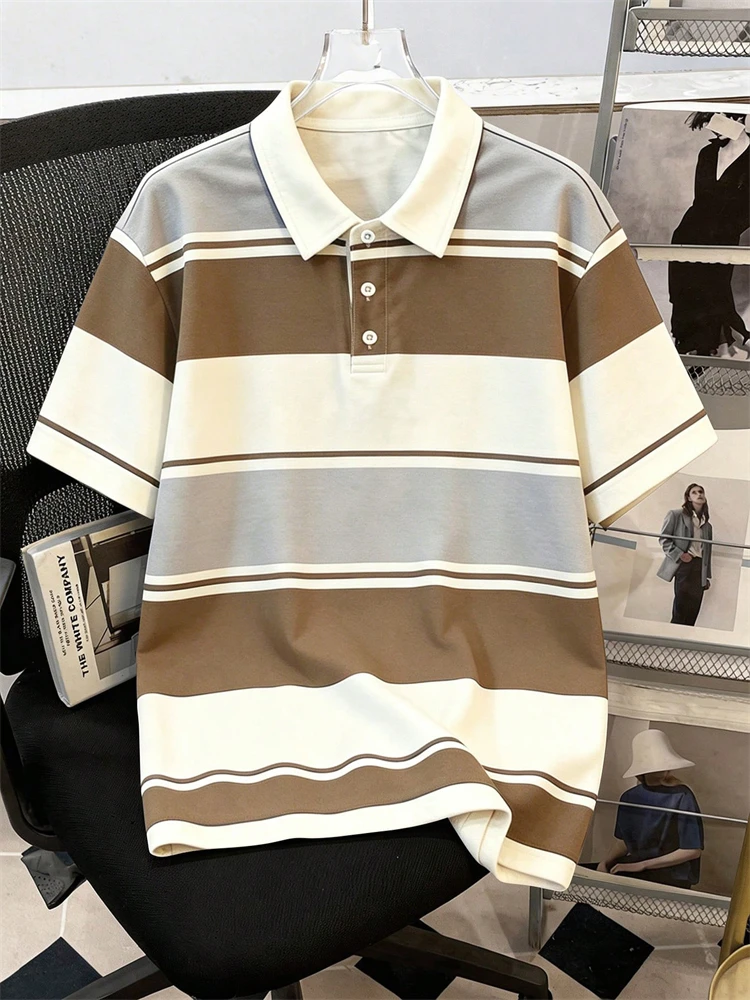 2026 Summer New Arrival Loose-Fitting Soft Polo Shirt Stylish Men's Striped Print Collared Short-Sleeve Top Casual Vacation Polo