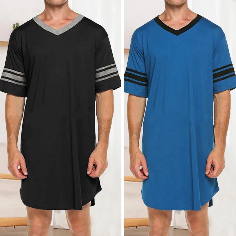 Ropa de estar por Casa de manga corta con cuello en V para hombre, ropa de dormir con estampado a rayas, estilo largo, Color superior a juego, Verano