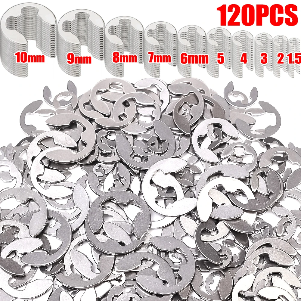 120Pcs Stainless Steel E Clip Washer Assortment Kit Circlip Retaining Ring for Shaft Fastener M10 M9 M8 M7 M6 M5 M4 M3 M2 M1.5