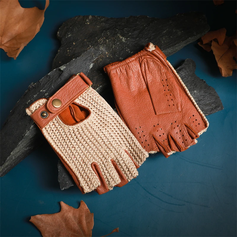 Men's Sheepskin Half Finger Gloves Knitted Retro Summer Driving and Riding Protective Gloves