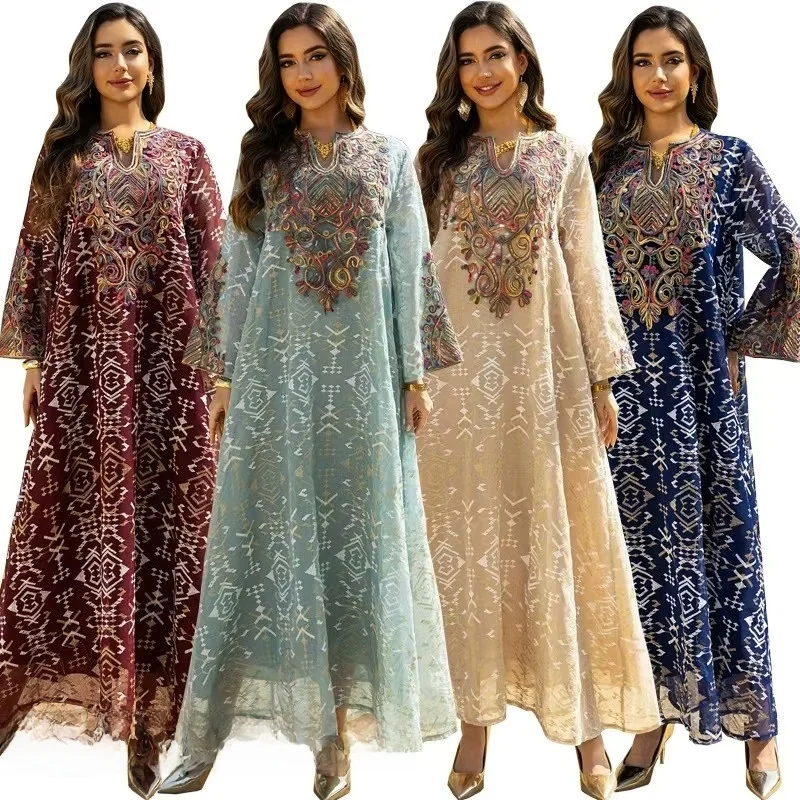 

New Fashionable Ethnic Style Mesh Embroidered Dress Spliced Floral Long Skirt High Waist A-Line Gown for Women Daily Wear