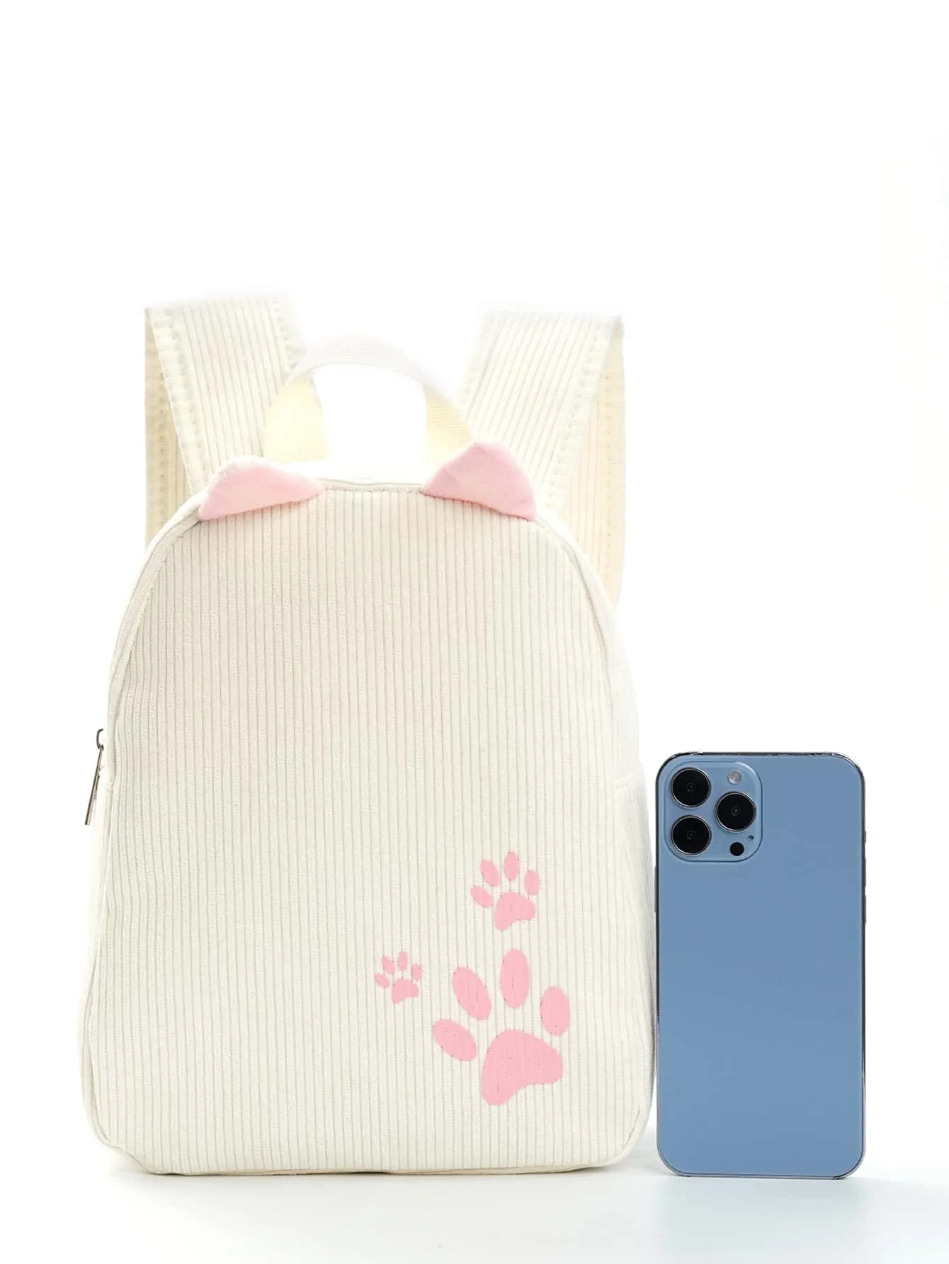 Girls Beige Paw Pattern Cartoon Ear Decor Classic Backpack