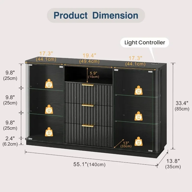 Lvifur Display Cabinet with 3 LED Light, Sideboard Buffet with Human Body Sensor & 3 Drawer& Glass Shelves for Toys, Books