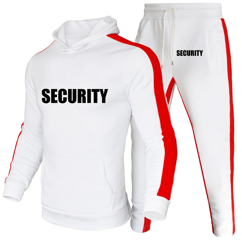 Spring Autumn Men's Suit Security Uniform Print Hoodies Sportwear Fashion High Quality Cotton Mens Sweatshirt+Sweatpants 2Pcs