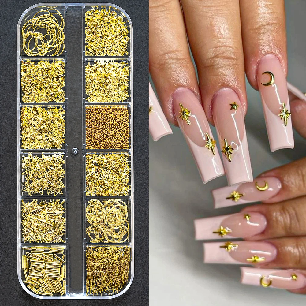 12 griglie Luna Stella Unghie Oro metallizzato Paillettes per unghie Charms 3D Nail Art Tips Decorazione 3D Metallo Luna Stella Sole Bead Rivetto Nail Je