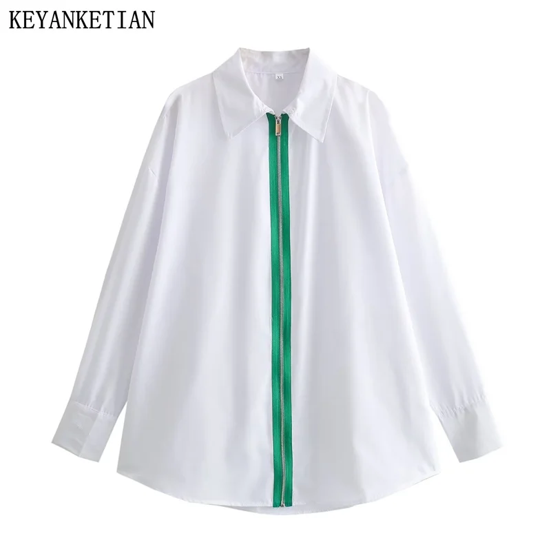 

KEYANKETIAN 2024 New Launch Women's Color Contrast Zipper Trim Shirt Spring Unisex style Oversize Long Sleeve Loose Blouse Top