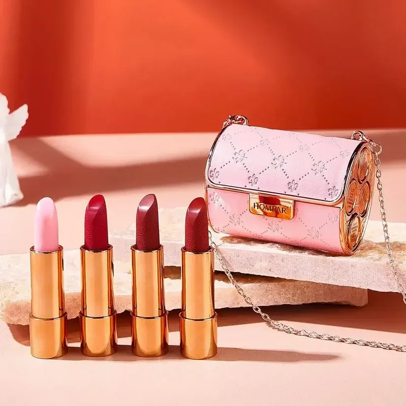 4 unids/set lápiz labial de terciopelo brillante mate conjunto de maquillaje de larga duración bolsa de cadena de moda creativa regalo de lápiz labial grabado