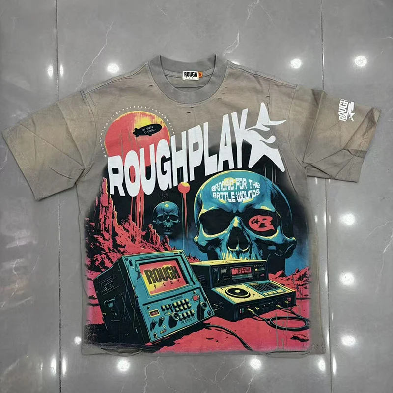 2026 New Rough Play Men T Shirt Retro Desert Planet Skull Electronic Equipment Graphic Loose Casual Street Short Sleeve Top