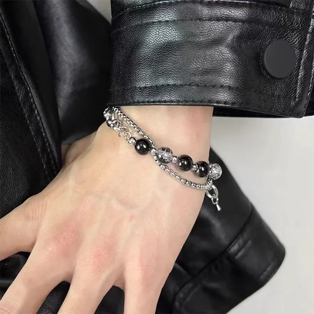 2024 Retro Black Cracking Beads Bracelet for Men Women Stainless Steel Double Layered Chain Fashion Hip-pop Jewelry Pulseras image 3