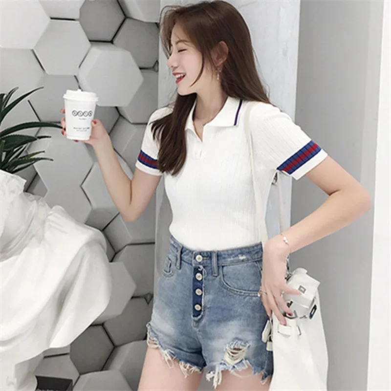 Clothing Polo Neck Shirts For Women T-shirt Woman Black Tops Short Sleeve Tee White Youth Summer 2024 Offer Comfortable Luxury