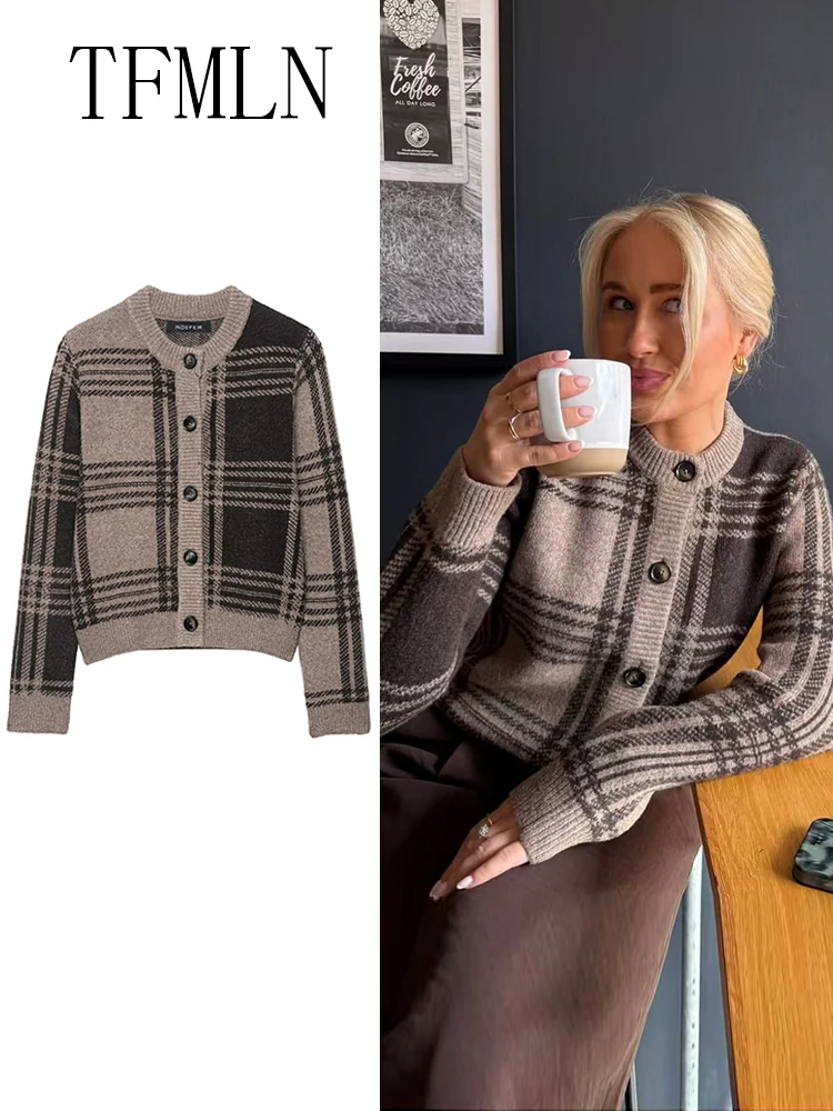 

TFMLN клетчатый укороченный свитер для женщин, осень 202, винтажный однобортный вязаный кардиган с круглым вырезом, модные повседневные трикотажные пальто