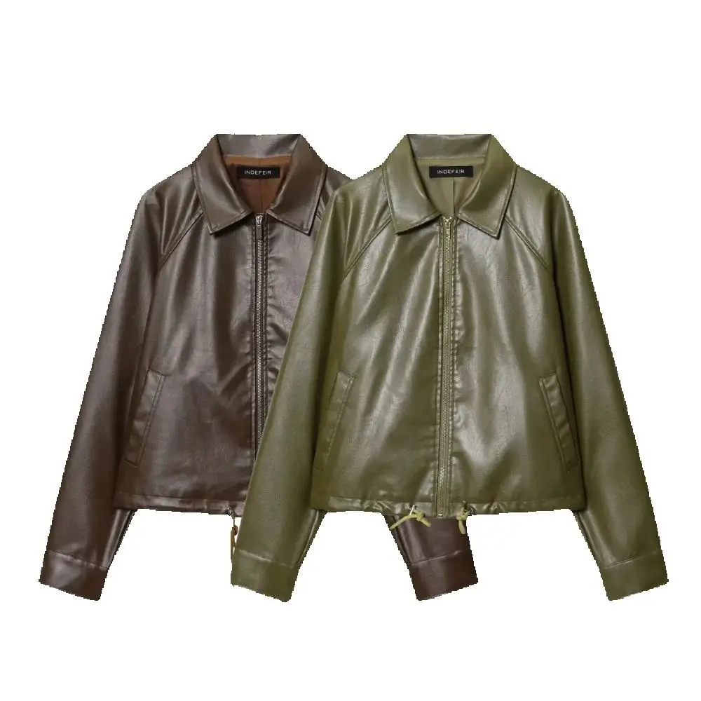 

Women's Knitted Loose Jacket with Collar Long Sleeve Zipper Pocket Elastic Drawstring Autumn and Winter New Fashion Jac