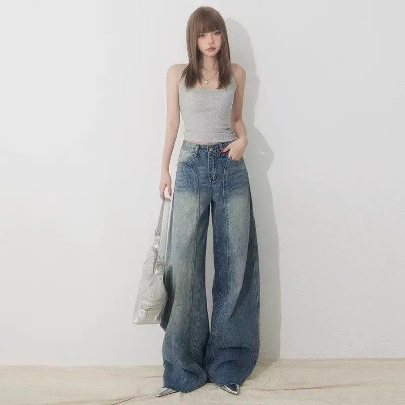 

Женские джинсы с высокой талией в американском ретро-стиле, широкие штанины, весенний дизайн, с эффектом потертости, повседневные, свободного кроя