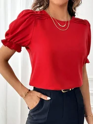 Solid Women Blouses Tops 2024 Summer New Fashion O-Neck Lantern Short Sleeve Streetwear Casual Black Shirts For Women Clothing